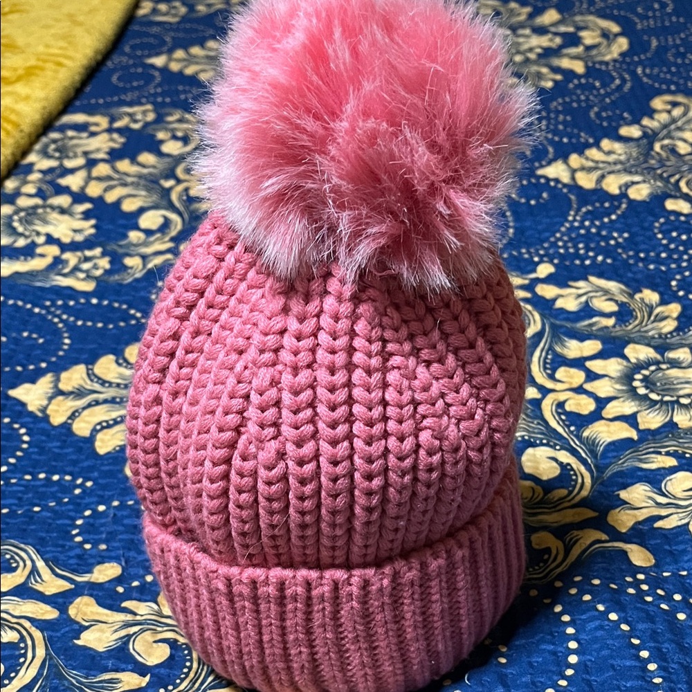 Pink Knit Beanie with Pom Pom and Scarf - Picture 2 of 4